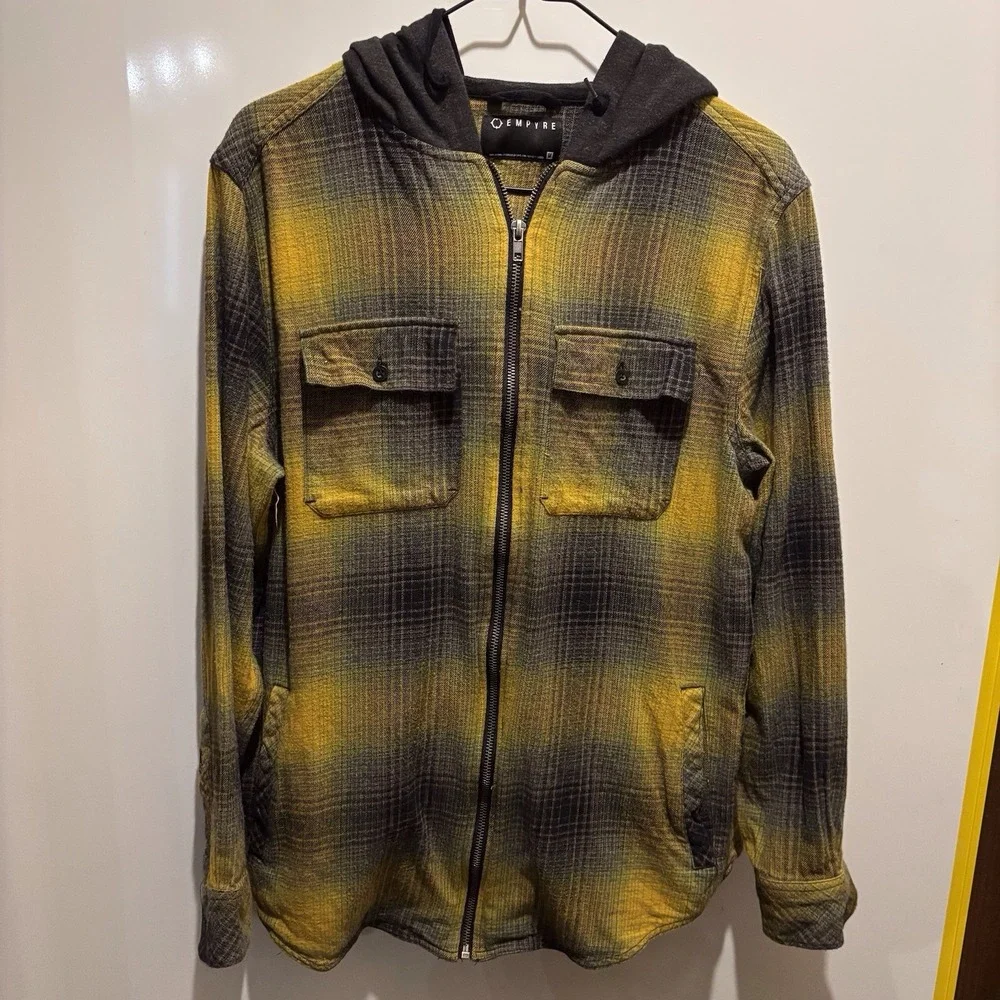 Empyre Flannel Shirt Zip Up With Hood Front‎ Pockets Side Pockets 38